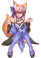 breasts drawing gentle giantess tail color clothed toes cleavage anime stockings fox_ears red_hair nylons shrunken_man cat_girl orange_eyes geta tamamo fate_extra caster_extra fate_(series) between_breasts ラッキーb