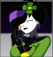 breasts drawing gentle giantess alien blonde black_hair large_breasts handheld shrunken_man bodysuit hugging costume loving white_skin pale_skin shrinking_violet nightcore100 legion_of_superheroes skintight_clothing flower_in_hair hair_streak
