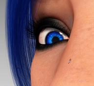 blue_eyes climbing blue_hair shrunken_man looking_down no_background digital_render on_nose