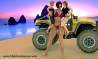 bikini beach red_hair short_hair mini_giantess muscles hugging lifting outdoors digital_render