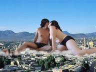 giantess collage panties city black_hair long_hair destruction giant male topless couple sitting kissing outdoors