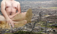 collage city destruction giant male sitting smoke outdoors