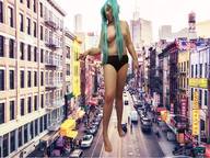 collage panties city long_hair blue_hair topless twintails looking_down outdoors crowds