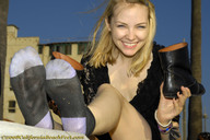 collage blonde long_hair smiling socks boots outdoors in_socks discarded_shoes