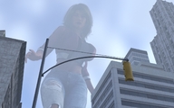 breasts giantess city mega large_breasts long_hair low_angle outdoors ripped_clothing digital_render