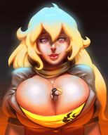 breasts drawing giantess large_breasts clothed cleavage purple_eyes shrunken_man pinned rwby yang_xiao_long resizestuff between_breasts