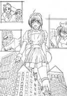 drawing giantess manga mega monochrome anime nao short_hair maid_uniform