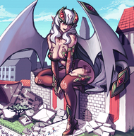 drawing giantess white_hair wings color destruction cleavage buildings red_eyes knights succubus sitting monster_girl running_away gareit0 druella monster_girl_encyclopedia