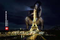 giantess collage black_hair long_hair high_heels shorts night crouching eiffel_tower feather_boa