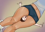 drawing clothed pogojo squeeze mini_giantess shorts between_legs sneakers dark_skin top pain thick_thighs emmagear no_background scissor_hold
