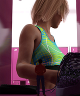 blonde short_hair shrunken_man sneakers indoors looking_away sports_bra locker_room digital_render