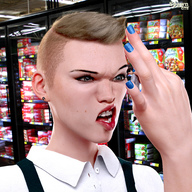 angry brunette short_hair shrunken_man indoors between_fingers nail_polish earrings store blue_nails grocery_store pinched digital_render