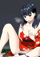 drawing giantess blushing black_hair color sweat kimono sitting black_eyes pigtails town looking_down night legs_spread piyonaf tori