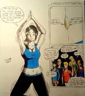drawing comic color large_breasts clothed navel unaware shrunken_people body_exploration dialogue wii_fit_trainer no_background pale_skin jhonviden996 inside_belly_button