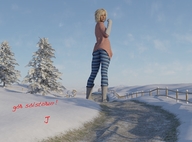 giantess blonde clothed short_hair snow outdoors winter looking_back digital_render fist_pump