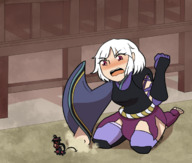 drawing white_hair blushing color red_eyes kneeling shrunken_man punch xxxgoom katanagatari togame shichika