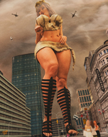 giantess white_hair city long_hair helicopter looking_down outdoors gladiator_sandals crowds skimpy_clothing digital_render makeshift_clothing gtsx3d