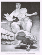 drawing barefoot huge_breasts angry story muscles shrunken_man looking_down raised_foot impending_doom bmonochrome