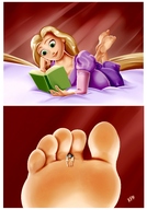 feet blonde comic long_hair toes barefoot soles bed lying_down shrunken_man between_toes indoors disney tangled book reading rapunzel kisparlius flynn_rider