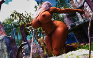 white_hair long_hair huge_breasts topless mini_giantess kneeling dark_skin looking_up outdoors bikini_bottom thick_thighs digital_render armband gtsx3d