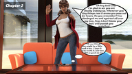 clothed glasses jeans brunette story lying_down short_hair pigtails shrunken_man indoors jacket top dialogue digital_render