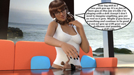 long_hair clothed glasses story lying_down pigtails shrunken_man indoors long_nails nail_polish hair_ribbon top dialogue black_nails digital_render