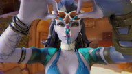 long_hair blue_hair blue_skin animation shrunken_woman pink_nails hoop_earrings between_fingers nail_polish docop hanging_on pinched digital_render overwatch widowmaker d.va