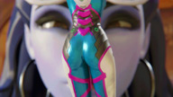 long_hair purple_hair brunette blue_skin animation shrunken_woman hoop_earrings between_fingers docop pinched digital_render overwatch widowmaker d.va skintight_clothing