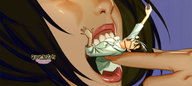drawing vore black_hair long_hair glasses shrunken_woman open_mouth imminent_vore