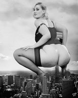 collage insertion blonde monochrome long_hair bottomless nylons crouching looking_back earrings top big_butt