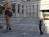 blonde clothed huge_breasts short_hair mini_giantess walking sneakers outdoors suspenders digital_render