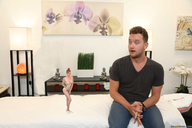 nude male clothed bed sitting surprised shrunken_woman indoors bedroom