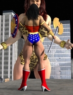 giantess city mega black_hair long_hair butt skirt giganta red_hair boots muscles outdoors wonder_woman leotard bracelet axe lasso shield leopard_print skimpy_clothing digital_render dc_comics