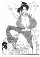 drawing giantess mega monochrome long_hair destruction cleavage anime huge_breasts ponytail nao mai_shiranui