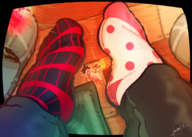 drawing giantess shrunken christmas socks bondage shrunken_man looking_down gift present point_of_view slippers giantess_pov panicking