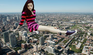 collage city mega black_hair long_hair dress sitting looking_down sneakers outdoors converse