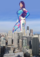 giantess collage city long_hair clothed brunette smiling cosplay vehicles outdoors hand_on_hips overwatch d.va skintight_clothing