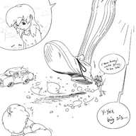 drawing blushing monochrome long_hair shoes surprised walking vehicles debolte dialogue