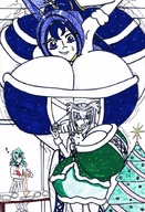 drawing giantess destruction cleavage huge_breasts smiling cake mini_giantess looking_down laughing giantesses looking_up nervous christmas_tree cramped tight-clothing