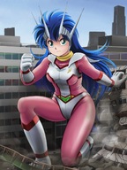 drawing giantess city long_hair destruction blue_hair outdoors skintight_clothing