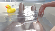 nude bath water lying_down pool shrunken_woman bathroom looking_back digital_render on_breasts rubber_duck caddyisraddy