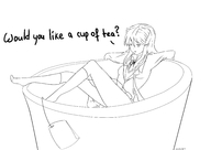 drawing monochrome long_hair sitting uniform lesbians dialogue teacup hair_clip mutwillantskid doki_doki_literature_club