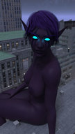 giantess nude city blue_hair short_hair sitting outdoors purple_skin glowing_eyes digital_render