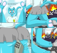 furry cat anthro city destruction clothed skirt fire blue_skin looking_down outdoors ripped_clothing dialogue the_amazing_world_of_gumball