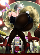 drawing blonde large_breasts long_hair butt bunny_ears kanahebi nylons bunny_suit indoors waitress looking_back running_away casino thick_thighs slot_machine