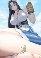drawing gentle giantess black_hair large_breasts blue_eyes clothed toes cleavage smiling thighs outdoors corset beer on_foot bikuta looking_at_tiny toast bar_maid