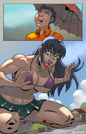 breasts drawing giantess panties mega upskirt comic black_hair color large_breasts bra skirt brown_eyes muscles legs shrunken_man thighs giantessfan bus_stop suburb