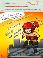 drawing large_breasts cleavage angry red_hair ponytail short_hair foot_crush looking_down sharp_teeth skull skimpy_clothing super_deformed kaytlin-andcie bare_midriff