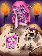 drawing long_hair sword pink_hair heart fighting looking_down desk torch kaytlin-andcie