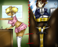 drawing panties blonde large_breasts skirt glasses brunette pigtails between_legs shrunken_man earrings on_table kaytlin-andcie